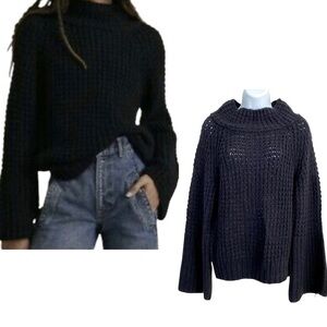 Maeve Black Sweater Chunky Waffle Wool-blend Oversized Relaxed Mock Neck XSP